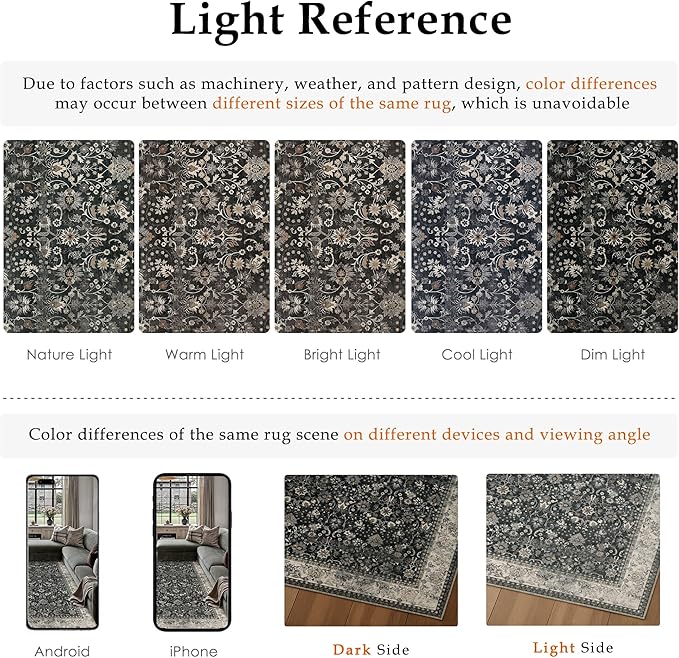 HUGEAR 5x7 Machine Washable Rugs Black Beige Hallway Area Rug Indoor Accent Rug Floral Low Pile Carpet Soft Throw Aesthetic Rug Bedroom Living Room Office Dining Room Laundry Room Non Slip