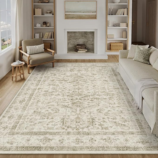 PureCozy Taupe 8x10 Area Rug Vintage Washable Living Room Carpet Non Slip Bedroom Indoor Office Low Pile Large Traditional Distressed Retro Accent Rug for Dining Room Bathroom Kitchen