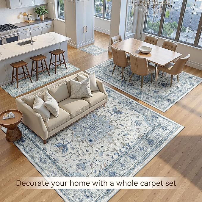 RELEANY Area Rugs 2'x8' Washable Non-Slip, Floral Vintage Distress Print Pattern Medallion Carpet for Living Room Bedroom Dining Room, Light Blue Navy Beige Gray White