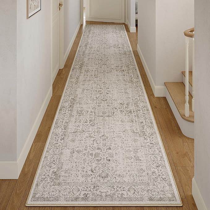 PureCozy Gray Runner Rug 3x12 Hallway Machine Washable Kitchen Vintage Distressed Non Slip Long Carpet Indoor Grey Retro Floral Bedroom Accent Throw Rug for Bathroom Office Laundry Dining Living Room