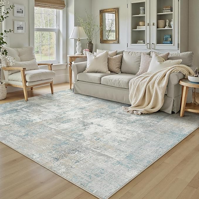 WondRg 4x5 Washable Area Rug Blue Cream Abstract Entryway Office Throw Rug Neutral Modern Non Slip Soft Low Pile Lightweight Carpet for Kitchen Living Room Bedroom Entrance
