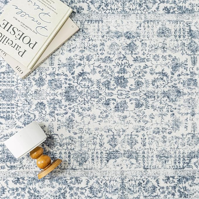 PureCozy Navy Blue Area Rug 5x7 Machine Washable Vintage Living Room Distressed Non Slip Carpet Traditional Indoor Bedroom Retro Floral Accent Throw Large Rug for Office Kitchen Bathroom Dining Room