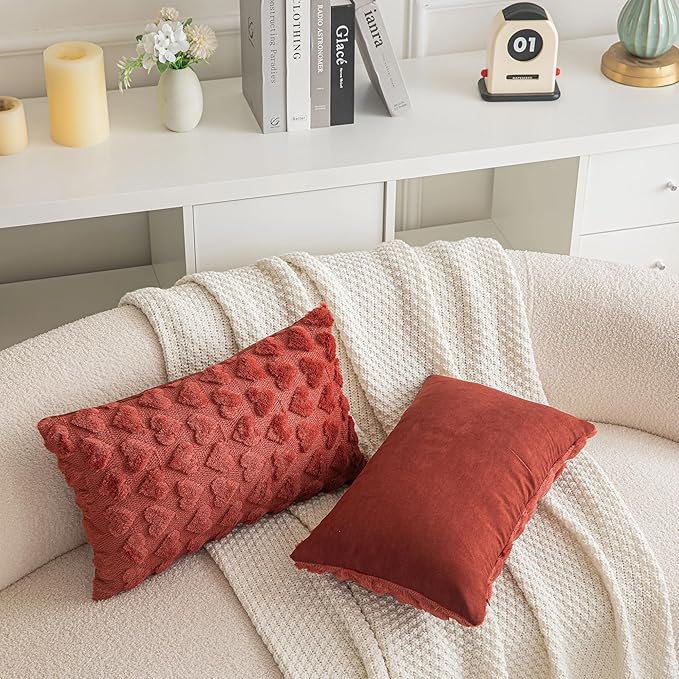AQOTHES Set of 2 Heart Love Cute Wine Red Decorative Valentines Throw Pillow Covers 12x20, Soft Plush Faux Fur Pillow Covers for Couch Sofa Home Valentines Day Decoration