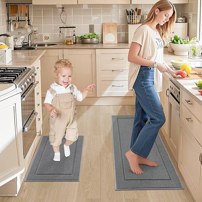 JSEI Non-Slip Kitchen Mats, Self Adhesive No Sliding Kitchen Rugs Set of 2, Washable Absorbent Floor Mat for Kitchen, Bathroom, Laundry Room, Bedroom, 20”x32”+32”x48”, Light Grey, Rectangular Pattern