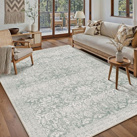 PureCozy Green 5x7 Area Rug Washable Vintage Living Room Bedroom Carpet Indoor Non Slip Soft Low Pile Thin Rug Retro Accent Throw Office Dining Room