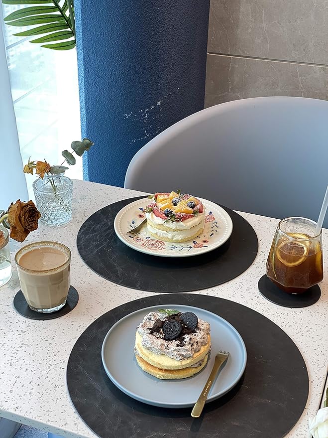 Set of 6 Embossed PU Leather Placemats, Waterproof Coffee Coasters, Kitchen Table Mats, Easy to Wipe Off for Dining Round Table