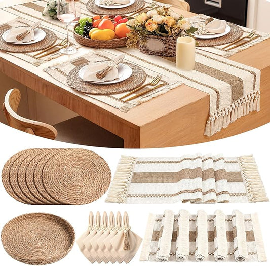 6 Sets Boho Placemats Round Woven Placemats, Cloth Napkins, Wood Bead Napkin Rings, Long Table Runner and Farmhouse Rustic Burlap Cotton for Kitchen Dining Table Home (Khaki C)