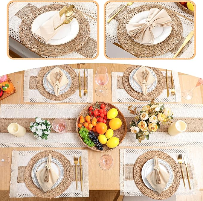 6 Sets Boho Placemats: Round Woven, Rectangular Boho, Wooden Bead Napkin Rings, Cloth Napkins, Long Table Runner & Storage Basket - Natural Burlap Cotton for Kitchen Dining Table Home