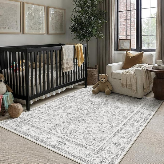 PureCozy Grey 3x5 Entryway Rug Vintage Area Carpet Indoor Kitchen Washable Door Mat Entrance Small Low Pile Traditional Distressed Retro Accent Throw Rug Non Slip Office Bathroom