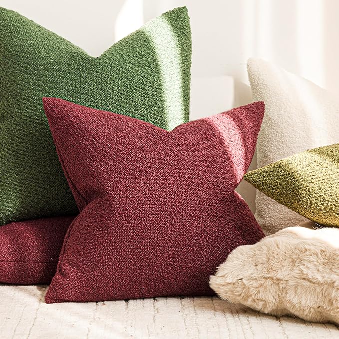 Foindtower Decorative Textured Boucle Throw Pillow Covers Accent Solid Pillow Cases Neutral Soft Cozy Couch Cushion Case for Chair Sofa Bedroom Living Room Home Decor 24 x 24 Inch,Hunter Green