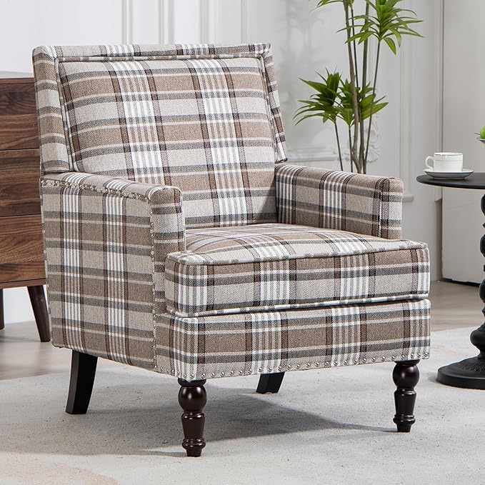 Yogald Vintage Plaid Accent Armchair, Comfy Upholstered Reading Chair with Nail-Head Trim, Farmhouse Sofa Chair, Coastal Single Corner Chair for Living Room Bedroom Guest Room (Coffee Linen)