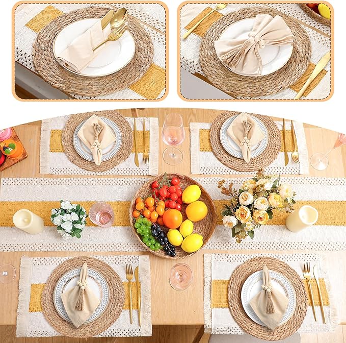 6 Sets Boho Placemats Round Woven Placemats, Cloth Napkins, Wood Bead Napkin Rings, Long Table Runner and Farmhouse Rustic Burlap Cotton for Kitchen Dining Table Home (Yellow)