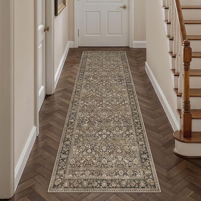 HUGEAR 2'6''x10 Runner Rug Machine Washable Brown Hallway Area Rug Indoor Accent Rug Floral Low Pile Carpet Soft Throw Rug Bedroom Living Room Office Dining Room Kitchen Laundry Room Non Slip