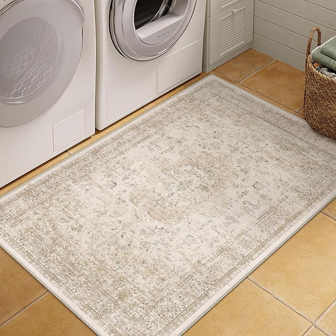 PureCozy Entryway Area Rug 3x5 Washable Beige Vintage Distressed Carpet Oriental Soft Thin Indoor Rug for Office Non Slip Low Pile Throw Rug for Kitchen Bathroom Bedroom Dining Living Room