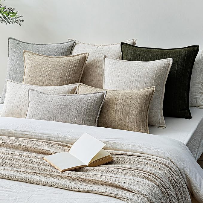 a moment Linen Pillow Covers Set of 2,Boho Farmhouse Throw Pillowcases Neutral Textured Decorative Covers for Couch Sofa, Soft Linen Blend Accent Case Cushion Living Room Home Decor 26"x26"Light Grey