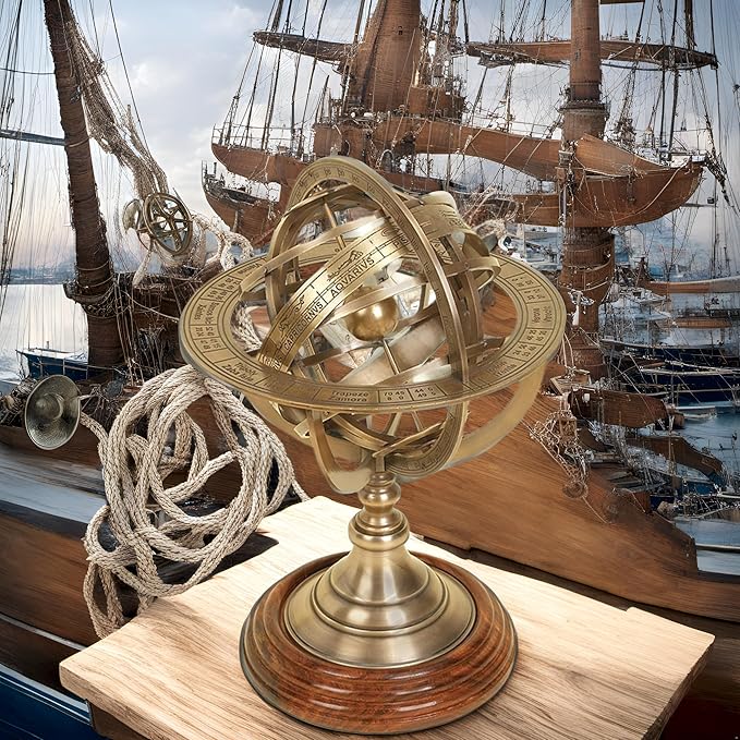 Antique Vintage Zodiac Armillary Decorative Globe with Wooden Base - 5 Inch Brass Sphere World Globe Zodiac Engraved Celestial, Antique Ship Decor