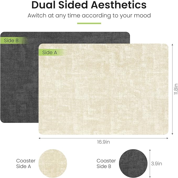 Placemats Set of 6, Faux Leather Heat Resistant Wipeable Placemats, Dual Sided Waterproof Washable Table Mats with Coaster, Suitable for Kitchen, Dining, Table Decor (6, Black Beige)