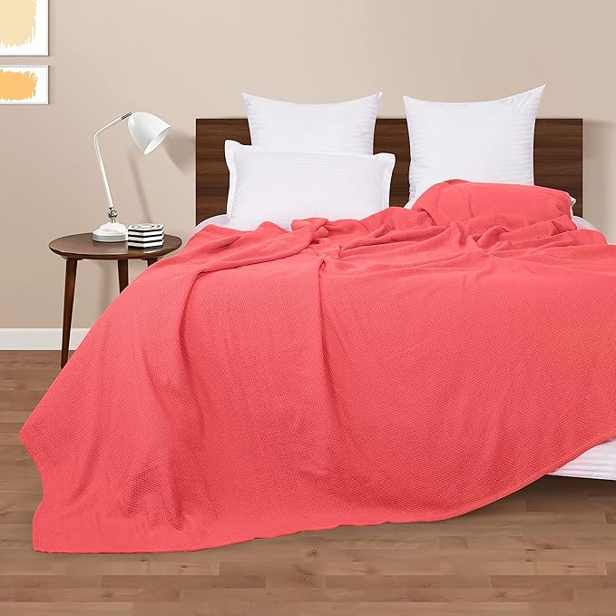 BOUTIQUO 100% Cotton Bed Blanket - Queen Size, Soft Honeycomb Waffle Blanket 90"x90", Perfect for Layering Any Bed for All Season, Coral