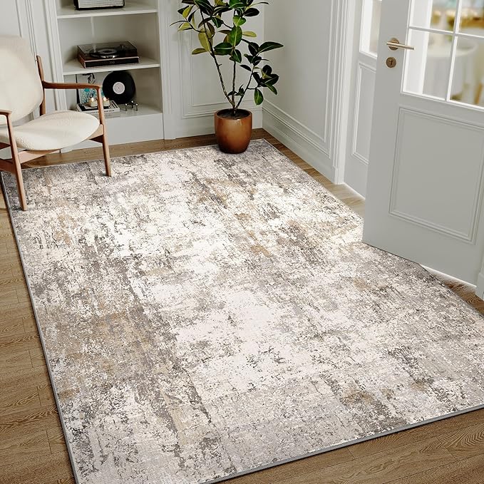 WondRg 4x6 Washable Area Rug Brown Grey Abstract Entryway Office Throw Rug Neutral Modern Non Slip Soft Low Pile Indoor Carpet for Living Room Bedroom Kitchen Entrance