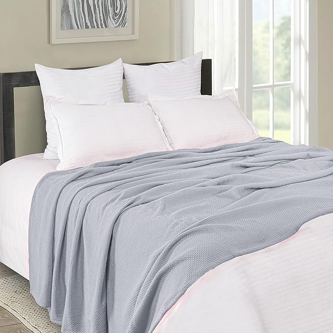 BOUTIQUO 100% Cotton Bed Blanket, Breathable Thermal Twin Size, Soft Honeycomb Waffle Blanket 60"x90", Perfect for Layering Any Bed for All Season, Light Grey