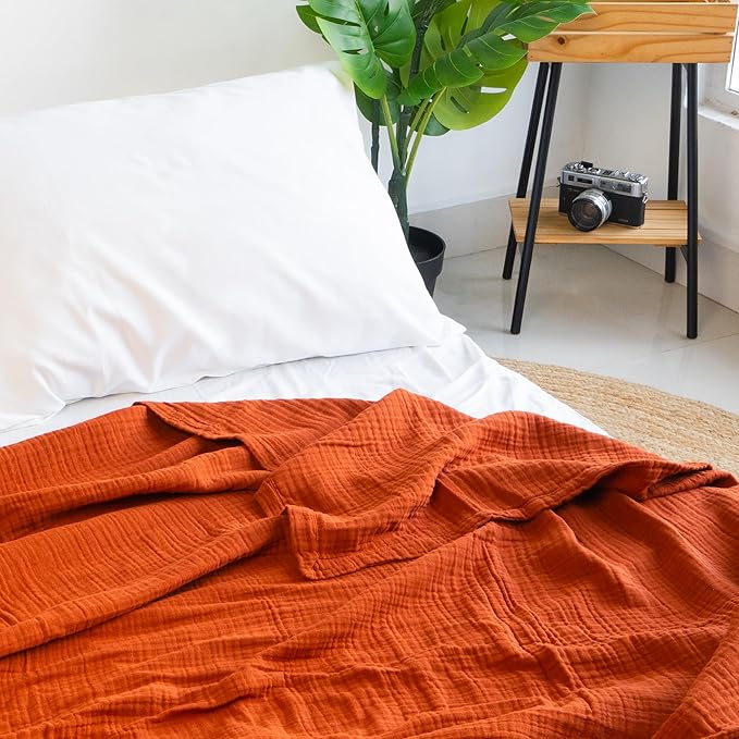 Salt Earth 100% Cotton Muslin Throw Blanket, 80"X90" Queen 4 Layered Gauze Blanket Throw for Couch, Bed, Living Room, Home, Light Christmas Blankets and Throws for Christmas Gifts (Picante)