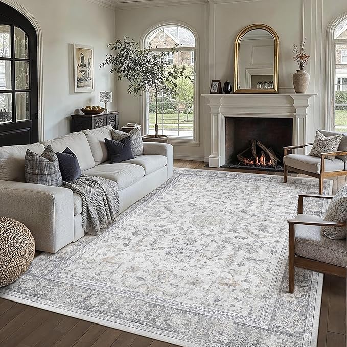 PureCozy 6x9 Grey Area Rug Vintage Washable Living Room Boho Carpet Non Slip Bedroom Indoor Office Low Pile Large Traditional Distressed Retro Accent Rug for Dining Room Bathroom Office Kitchen Dorm