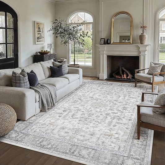 PureCozy 6x9 Grey Area Rug Vintage Washable Living Room Boho Carpet Non Slip Bedroom Indoor Office Low Pile Large Traditional Distressed Retro Accent Rug for Dining Room Bathroom Office Kitchen Dorm