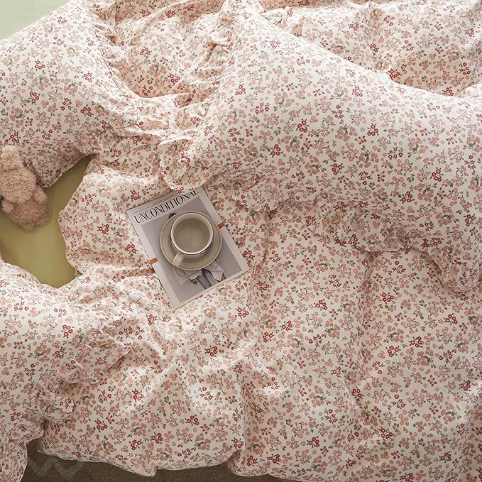Girls Pink Floral Duvet Cover Full Size Cute Pink Red Flower Duvet Cover 100% Cotton Aesthetic Floral Bedding Set Botanical Flower Cottagecore Comforter Cover with Ruffle Pillowcases for Teen Girls