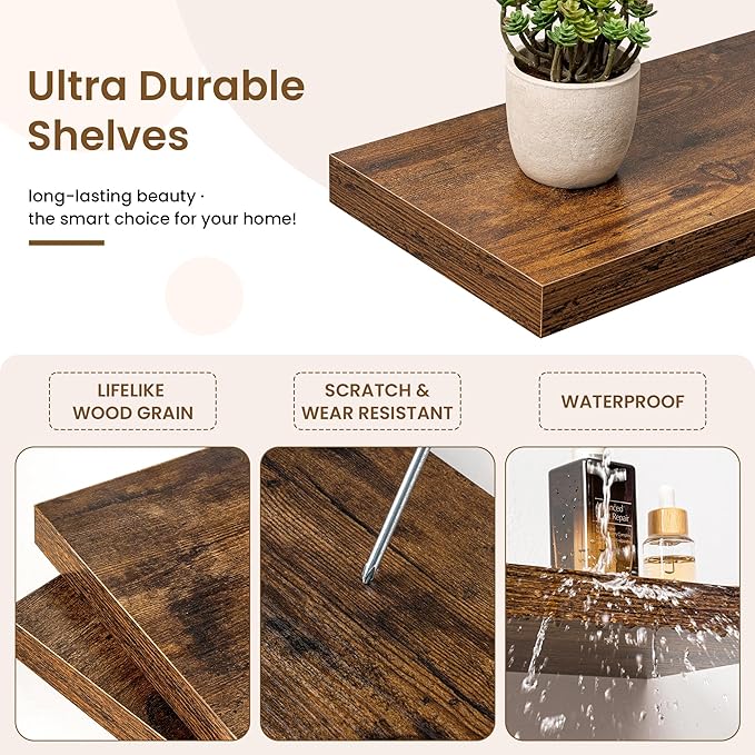 Square Floating Shelves for Wall, 9.25"W x 9.25"D x 1.25"H, 3 Pack Small Wall Mounted Engineered Wood Shelves with Invisible Brackets for Living Room, Bedroom, Bathroom, Kitchen Decor, Rustic Brown