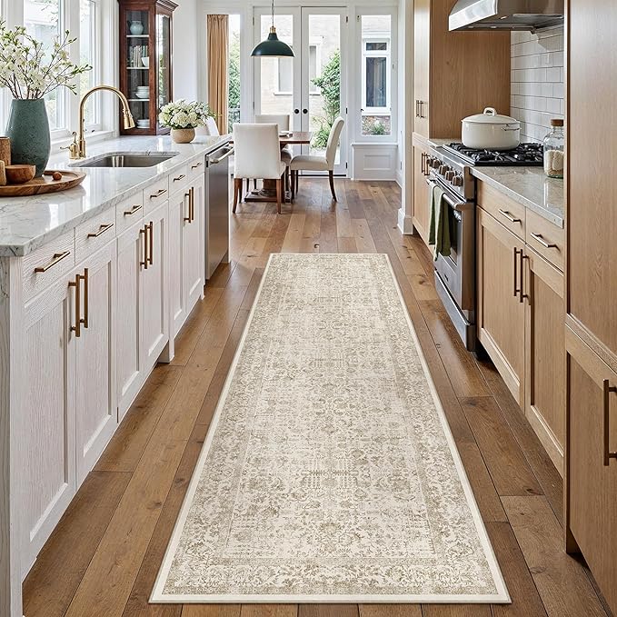 PureCozy Light Brown Runner Rug 2'6"x14' Washable Carpet for Hallway Kitchen Vintage Distressed Non Slip Indoor Retro Floral Bedroom Accent Throw Long Rug Bathroom Office Laundry Dining Living Room