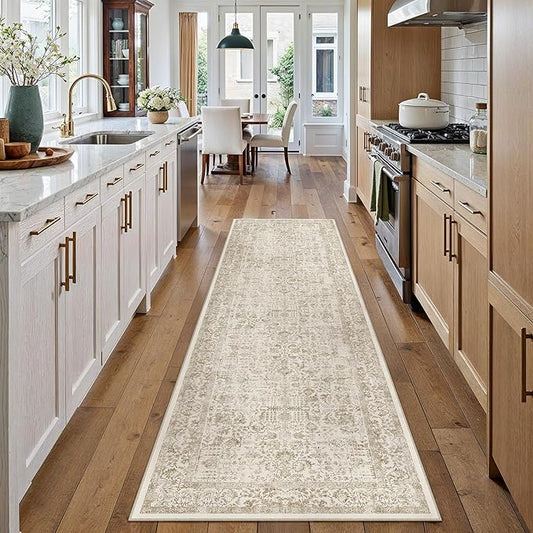 PureCozy Light Brown Runner Rug 2x7 Hallway Machine Washable Kitchen Vintage Distressed Non Slip Long Carpet Indoor Retro Floral Bedroom Accent Throw Rug for Bathroom Office Laundry Dining Room