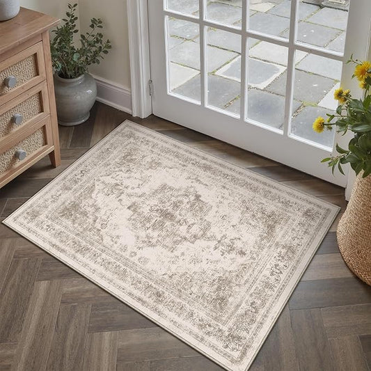 PureCozy Area Rug 2x3 Beige Washable Entryway Vintage Medallion Carpet Non Slip Low Pile Soft Doormat Distressed Retro Indoor Small Rug for Kitchen Bedroom Laundry Bathroom