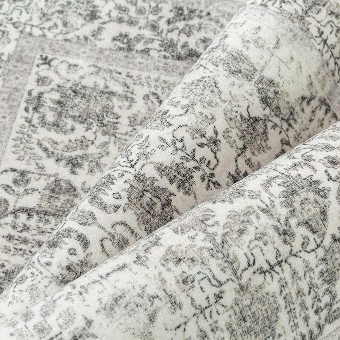 PureCozy Black Area Rug 5x7 Machine Washable Vintage Living Room Distressed Non Slip Carpet Traditional Indoor Bedroom Retro Floral Accent Throw Large Rug Office Kitchen Bathroom Dining Room