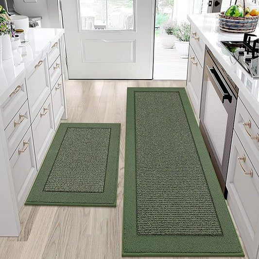 BEQHAUSE Kitchen Rugs and Mats Set of 2 Non-Slip Kitchen Mats for Floor, Absorbent and Stain Resistant Kitchen Runner, Machine Washable Rugs for Kitchen, Laundry & Sink, 24"x36"+24"x60", Green