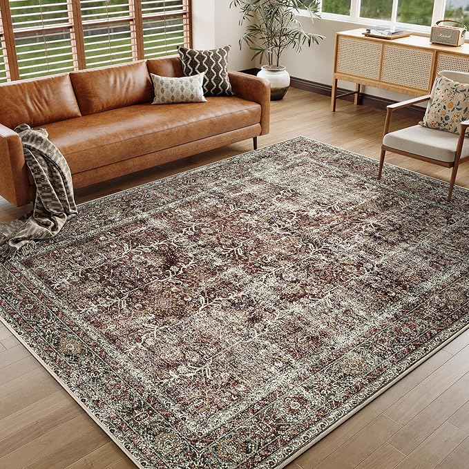 PureCozy Vintage Area Rug 5x7 Rust Red Washable Living Room Large Carpet Non Slip Bedroom Indoor Office Low Pile Traditional Distressed Retro Accent Rug for Dining Room Bathroom Kitchen
