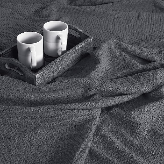BOUTIQUO 100% Cotton Bed Blanket, Breathable Thermal Twin Size, Soft Honeycomb Waffle Blanket 60"x90", Perfect for Layering Any Bed for All Season, Charcoal Grey