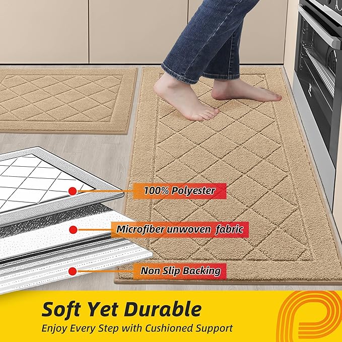 JSEI Non-Slip Kitchen Rugs, Self Adhesive No Sliding Kitchen Mats Set of 2, Soft Washable Absorbent Floor Mat for Kitchen, Bathroom, Laundry Room, Bedroom, 20”x32”+32”x48”, Beige, Diamond Pattern