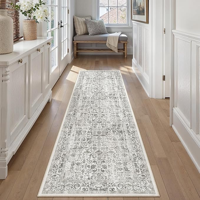PureCozy Black Runner Rug 2'6"x14' Washable Carpet for Hallway Kitchen Vintage Distressed Non Slip Indoor Retro Floral Bedroom Accent Throw Long Rug Bathroom Office Laundry Dining Living Room