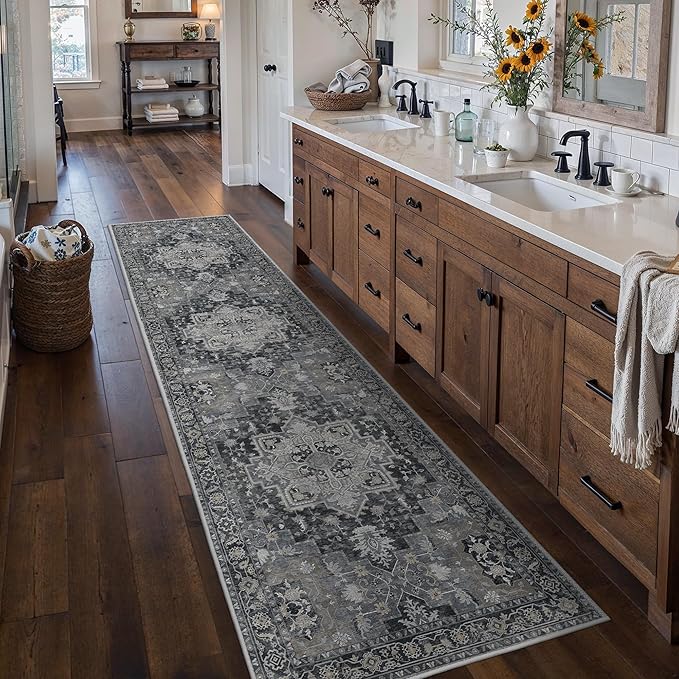 BESBLEE Runner Rug 2'6''x10, Machine Washable Runners, Non Slip Vintage Hallway Runner Rugs, Low Pile Lightweight Mat for Entryway, Hallway, Kitchen and Corridor, Dark Gray