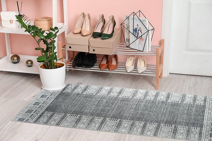 RugOver Machine Washable Area Rug, Pet-Friendly and Non-Slip Indoor Carpet for Kitchen, Bathroom, Living Room, Home Floor Decoration(Charcoal/White, 2'6" x 6'6")