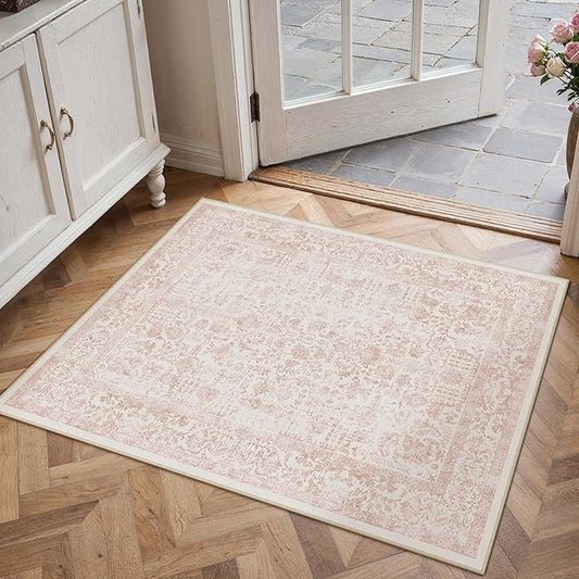 PureCozy Pink Entryway Area Rug 2x3 Door Mat Machine Washable Kitchen Vintage Distressed Non Slip Carpet Indoor Retro Floral Accent Throw Small Rug for Bathroom Office Bedroom Dining Room