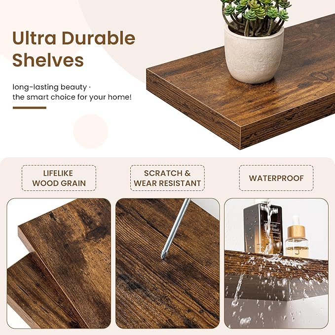 Marsmiles 16in Floating Shelves for Wall, 16" W x 9.25" D x 1.25" H, 2 Pack Long Wall Mounted Engineered Wood Shelves with Invisible Brackets, Rustic Brown