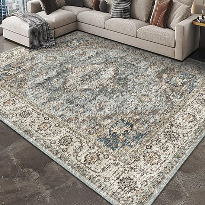 Fortsea Machine Washable Rug 8x10 - Vintage Inspired Distressed Design Large Area Rugs,Soft Durable, Stain Resistant, Non-Shedding, Easy Clean Area Rugs (Olive/Taupe, 8X10)