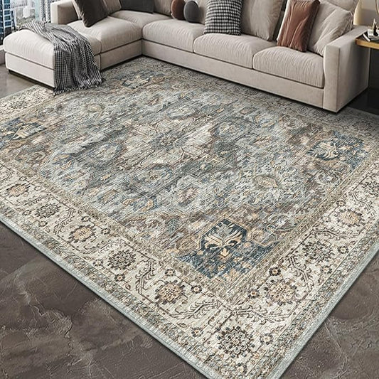 Fortsea Machine Washable Rug 8x10 - Vintage Inspired Distressed Design Large Area Rugs,Soft Durable, Stain Resistant, Non-Shedding, Easy Clean Area Rugs (Olive/Taupe, 8X10)