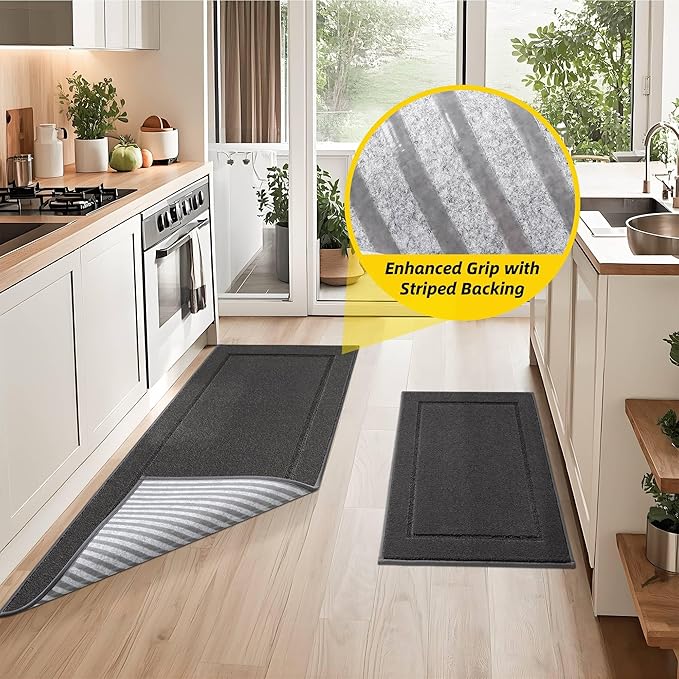 JSEI Non-Slip Kitchen Mats, Self Adhesive No Sliding Kitchen Rugs Set of 2, Washable Absorbent Floor Mat for Kitchen, Bathroom, Laundry Room, Bedroom, 20”x32”+32”x48”, Dark Grey, Rectangular Pattern