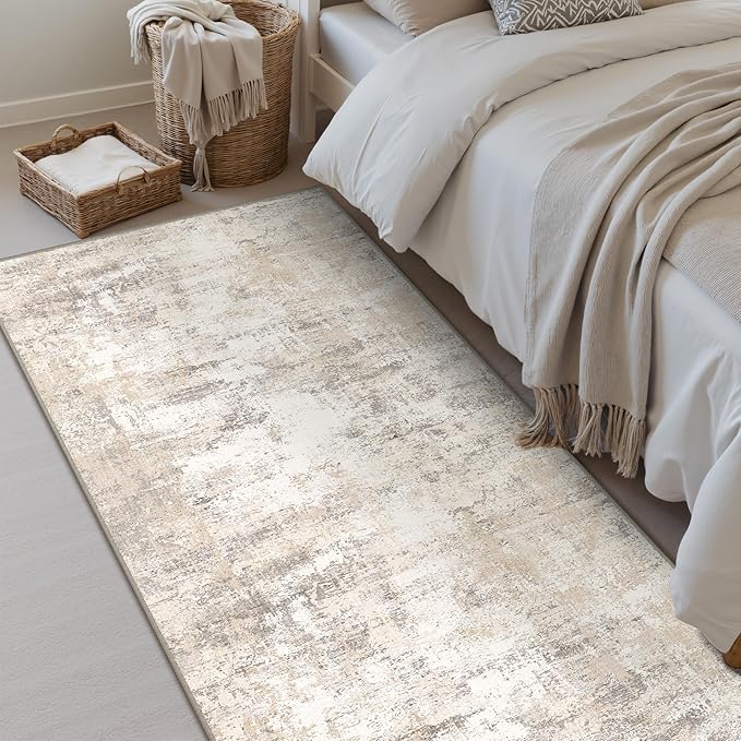 WondRg 2x4 Washable Runner Rug Beige Grey Abstract Hallway Kitchen Throw Rug Neutral Modern Non Slip Soft Low Pile Carpet for Bathroom Laundry Bedroom Living Room