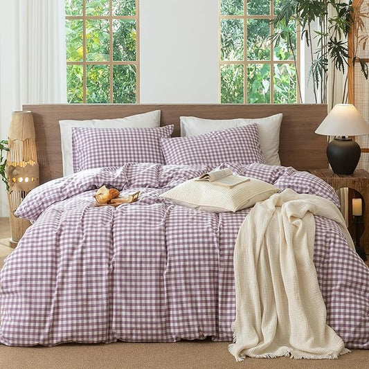 MooMee Gingham Duvet Cover Set 100% Washed Cotton Linen Like Textured Breathable Durable Soft Comfy Modern Checkered Design (Classic Gingham Light Purple, Twin 68"x90")