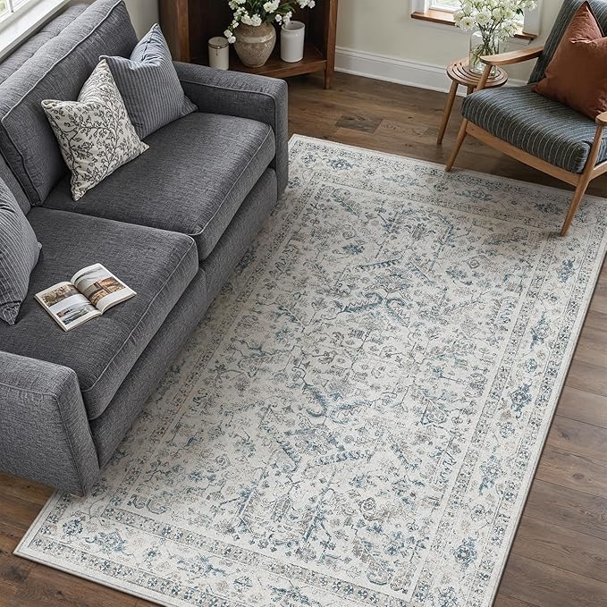 PureCozy Blue 3x5 Entryway Rug Vintage Area Carpet Indoor Office Washable Door Mat Entrance Small Low Pile Traditional Distressed Retro Accent Throw Rug Non Slip Kitchen Bathroom