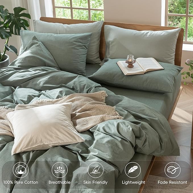 MooMee Bedding Duvet Cover Set 100% Washed Cotton Linen Like Textured Breathable Durable Soft Comfy (Heathered Green, King 104"x90")