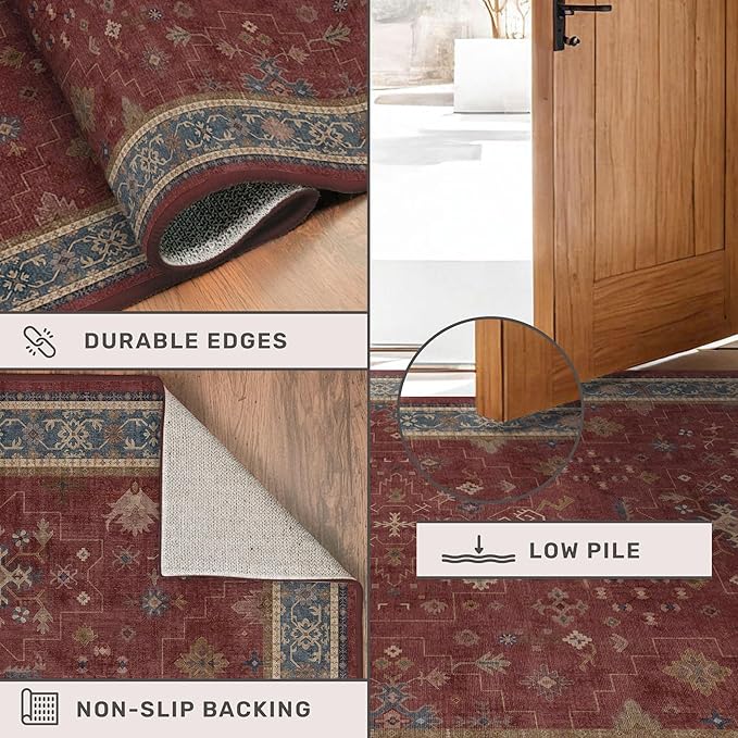 Hazo Haus Burgundy 2x4 Washable Entry Rug for Inside House, Kitchen Floor, Thin Door Mats for Inside Entry, Washable Non Slip Low Pile Stain & Fade Resistant, Modern Eclectic Floral Decor